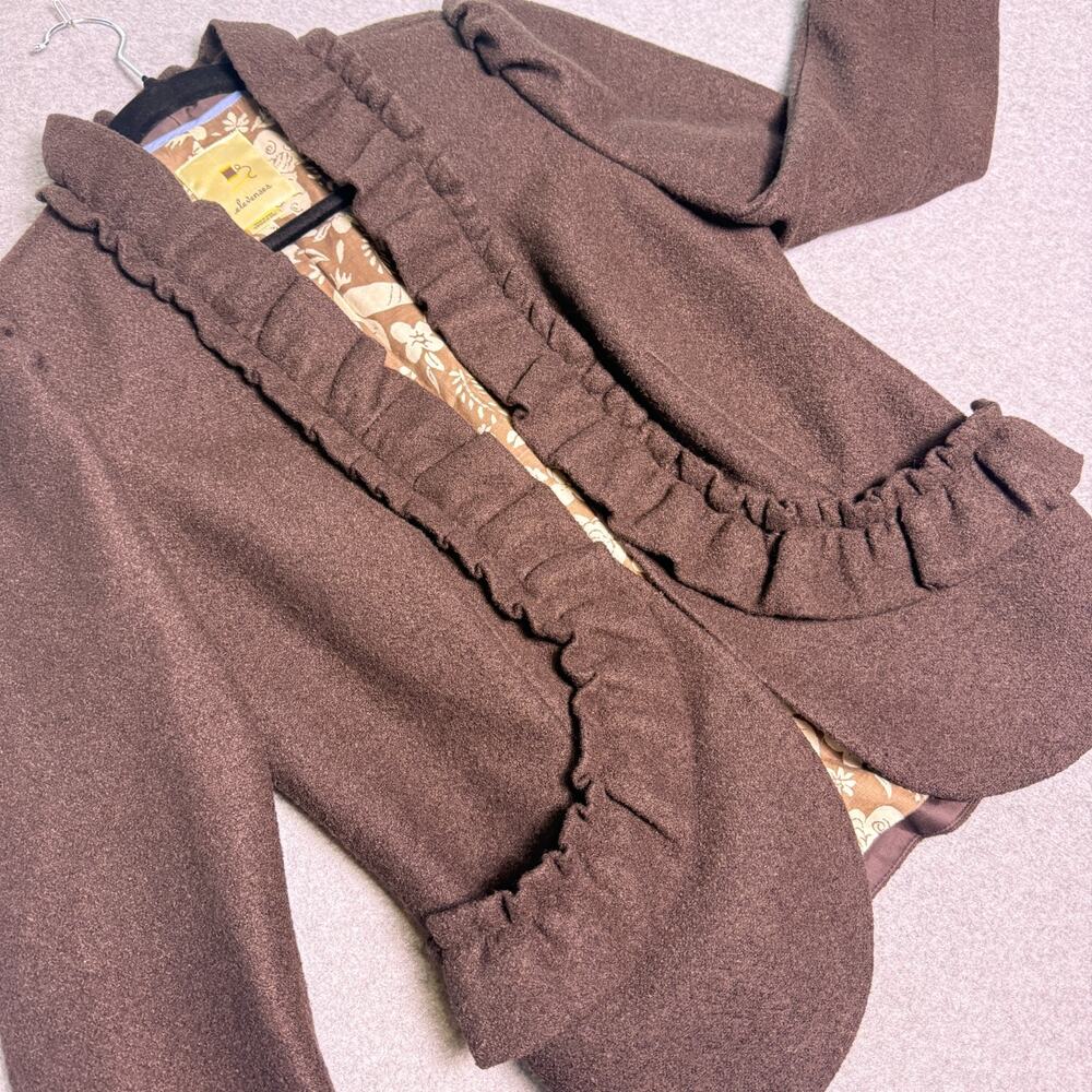 VTG 2004 Anthropologie Elevenses Ruffle Blazer Brown Wool Blend Size 6